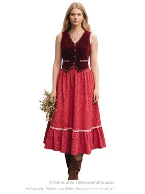 Vintage Prairie Cottagecore Skirt Set S Red Floral Velvet Vest Boho